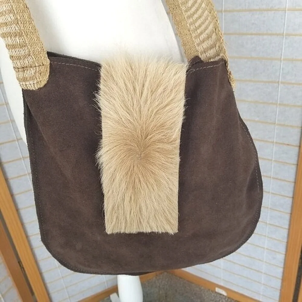 Brown Suede Satchel Bag Fur Flap Sisal Cross Body Strap Boho Slouchy Hobo